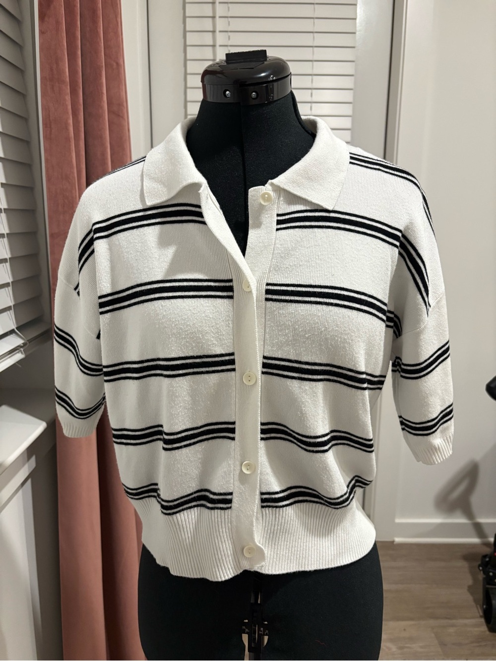 Cyrus White and Black Striped Short-Sleeve Button Cardigan